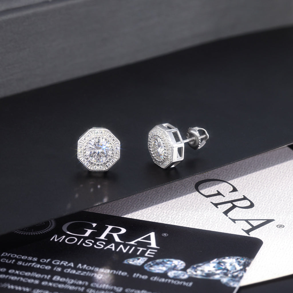 Bevil Moissanite Octagon Halo Stud Earrings in Sterling Silver