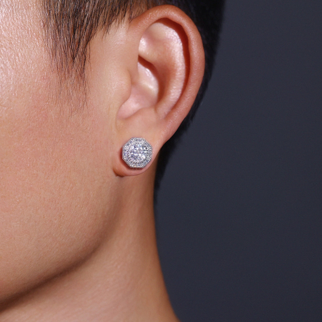 Bevil Moissanite Octagon Halo Stud Earrings in Sterling Silver