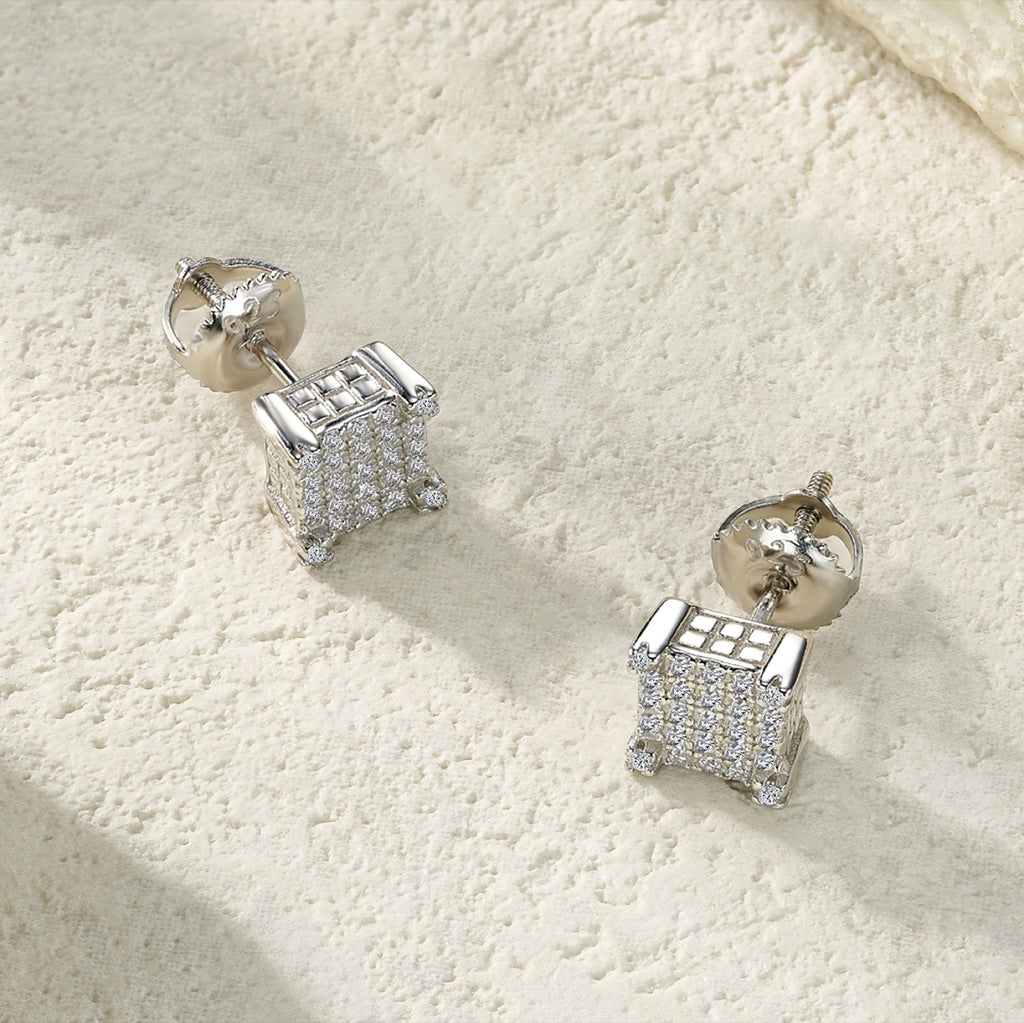Grid Moissanite Pavé Stud Earrings in Sterling Silver