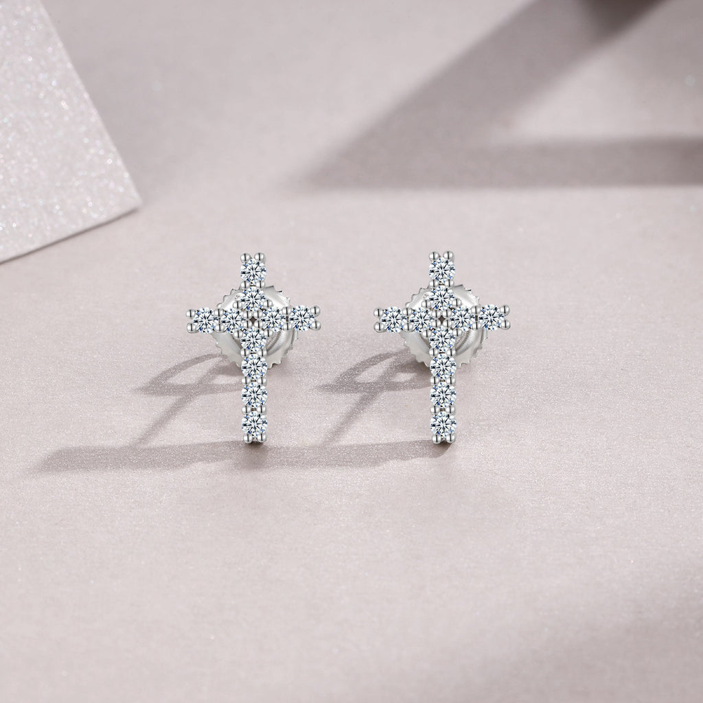 Grace Moissanite Cross Stud Earrings in Sterling Silver