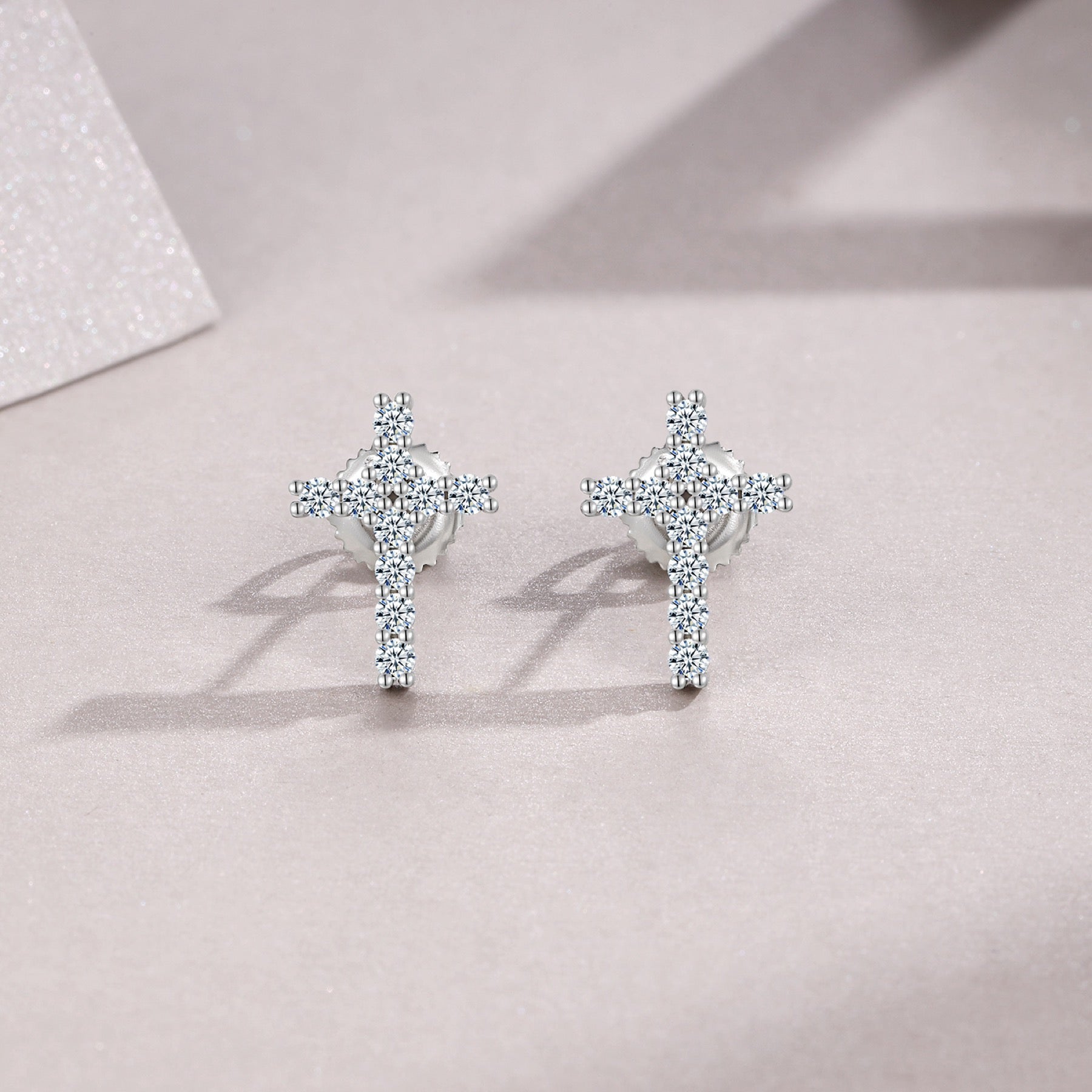 Grace Moissanite Cross Stud Earrings in Sterling Silver