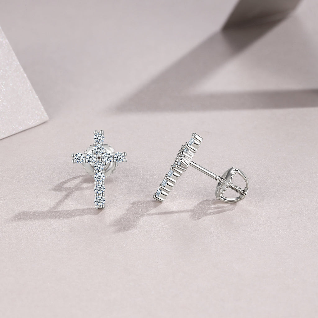 Grace Moissanite Cross Stud Earrings in Sterling Silver