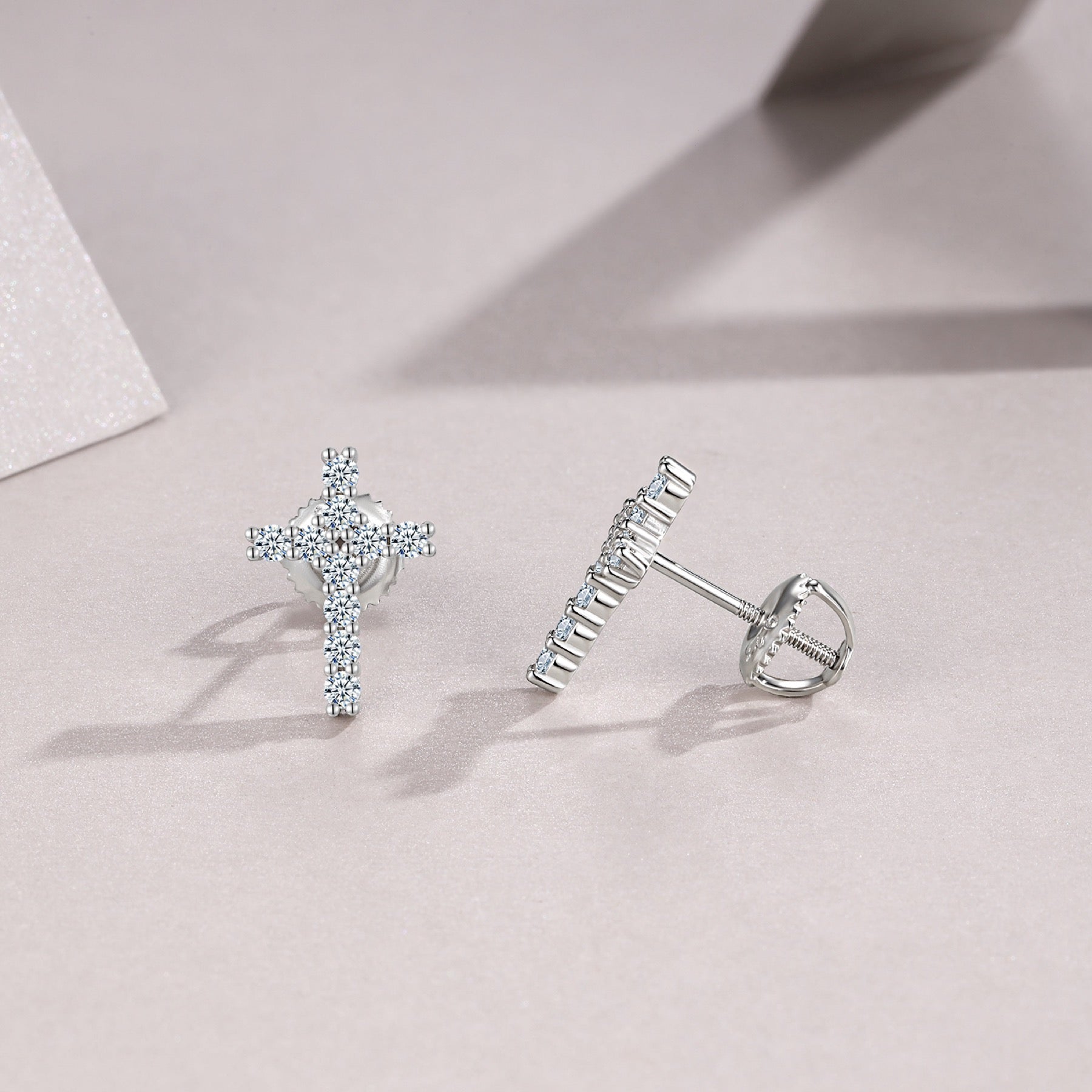 Grace Moissanite Cross Stud Earrings in Sterling Silver