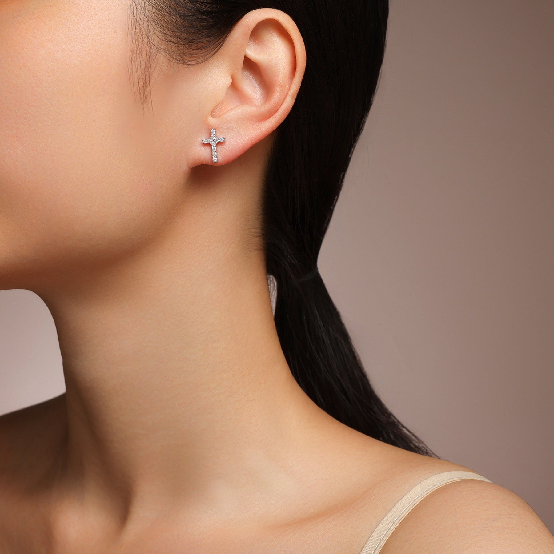 Grace Moissanite Cross Stud Earrings in Sterling Silver