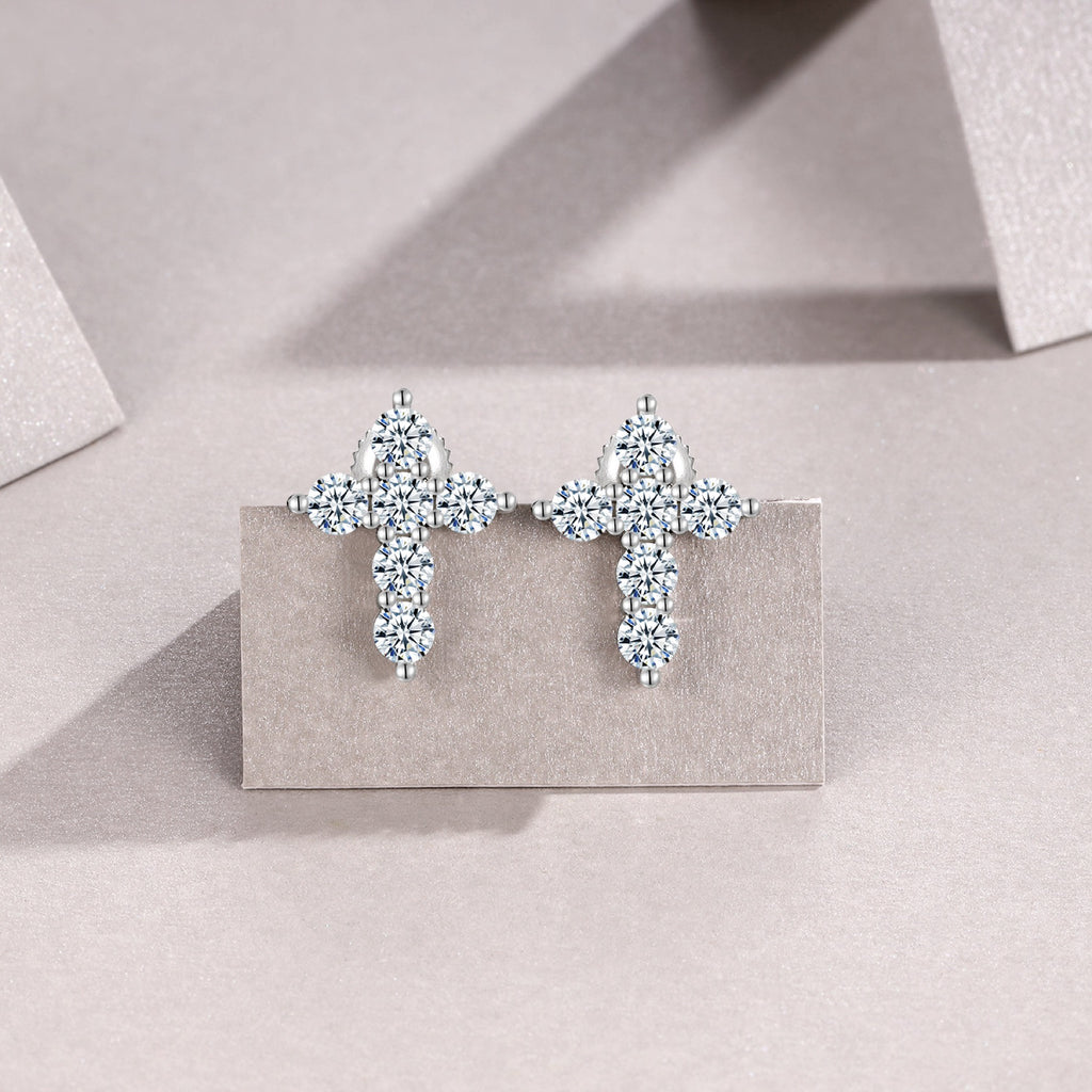 Faith Moissanite Cross Stud Earrings in Sterling Silver