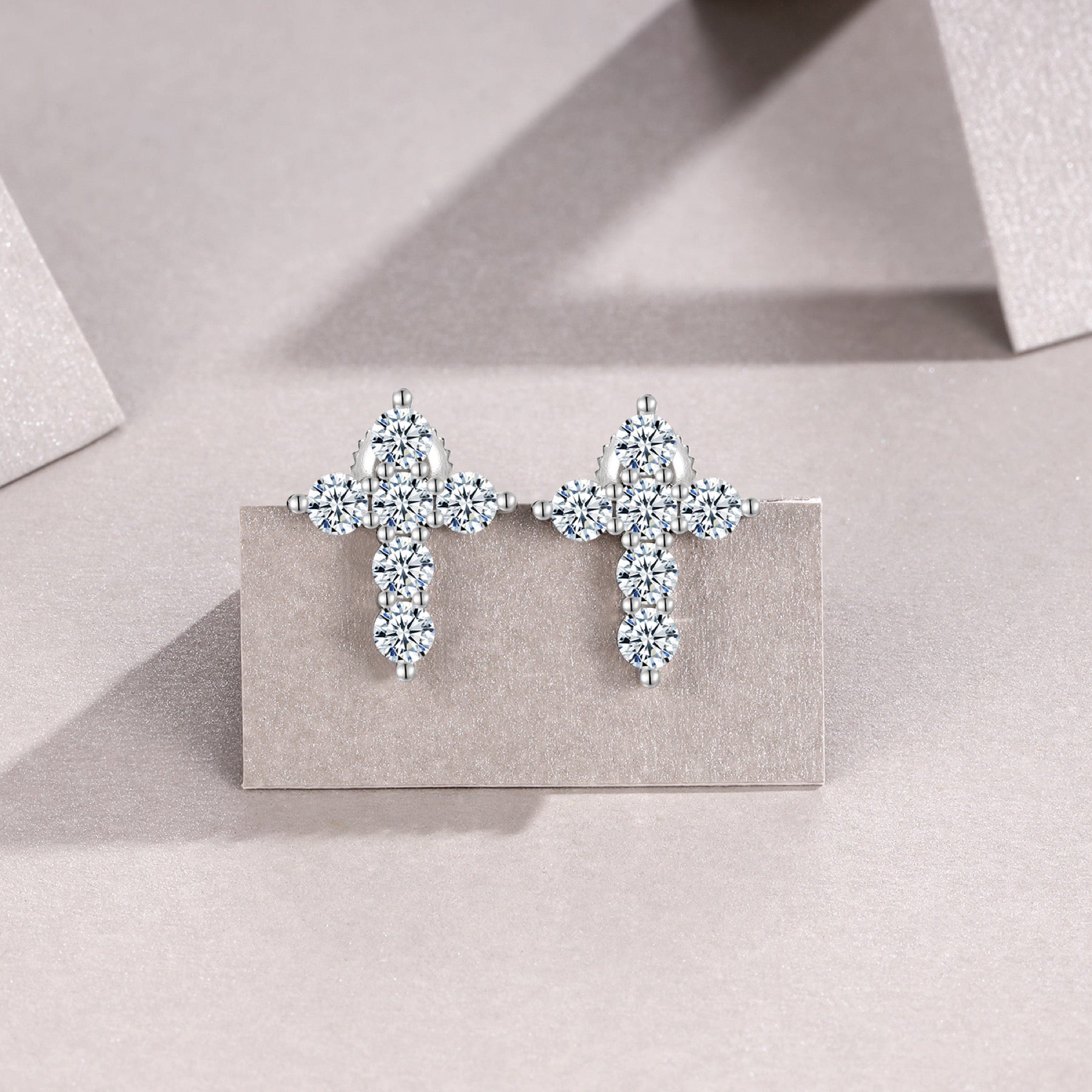 Faith Moissanite Cross Stud Earrings in Sterling Silver