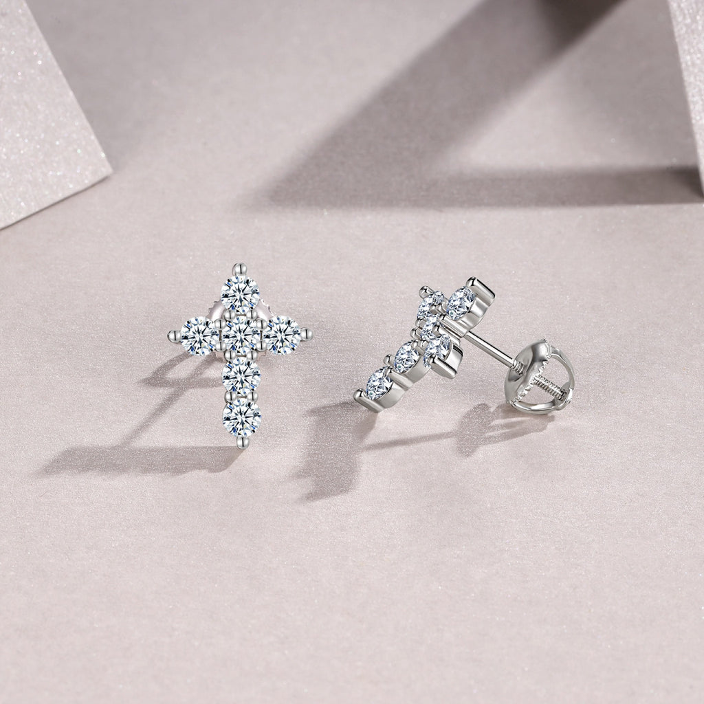 Faith Moissanite Cross Stud Earrings in Sterling Silver