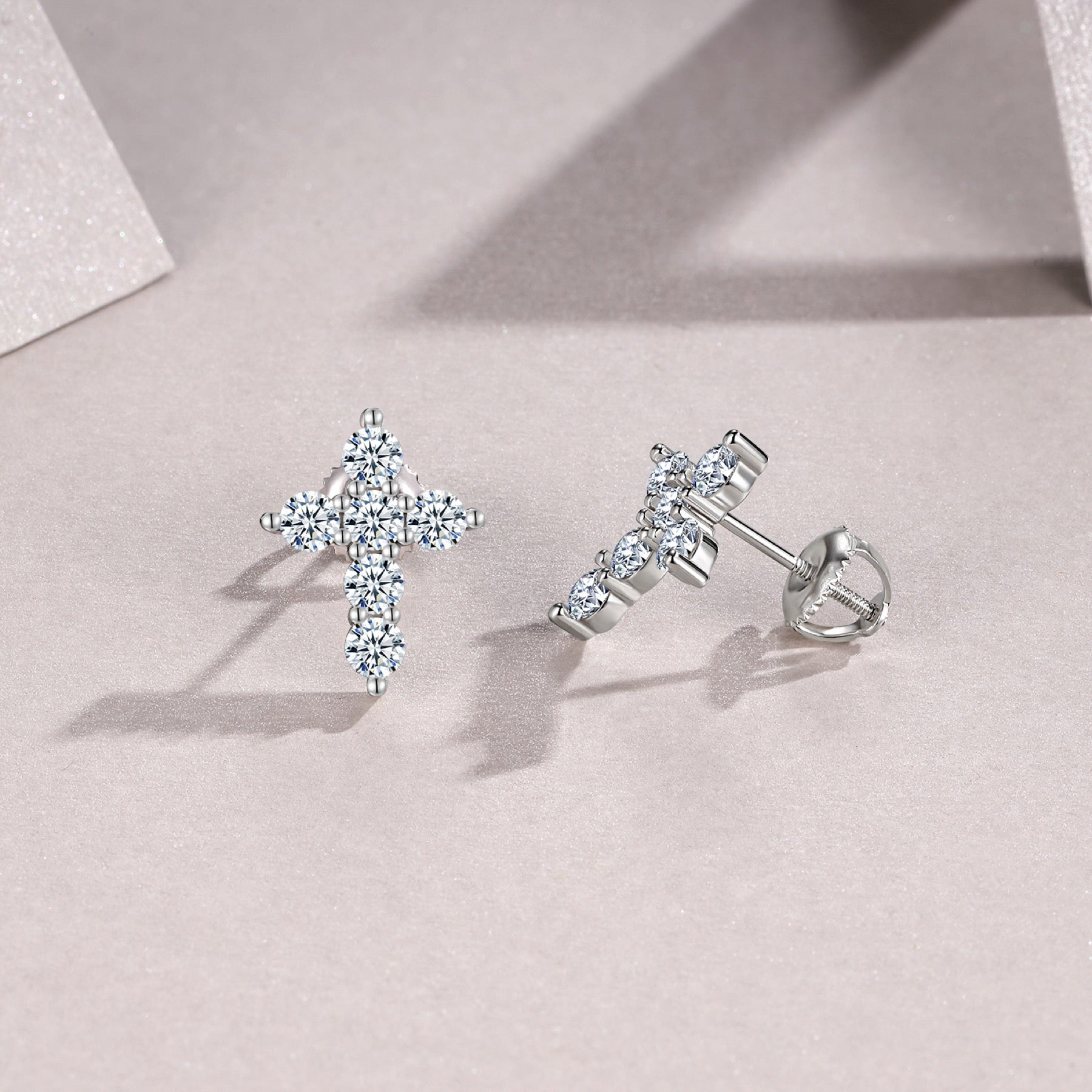 Faith Moissanite Cross Stud Earrings in Sterling Silver