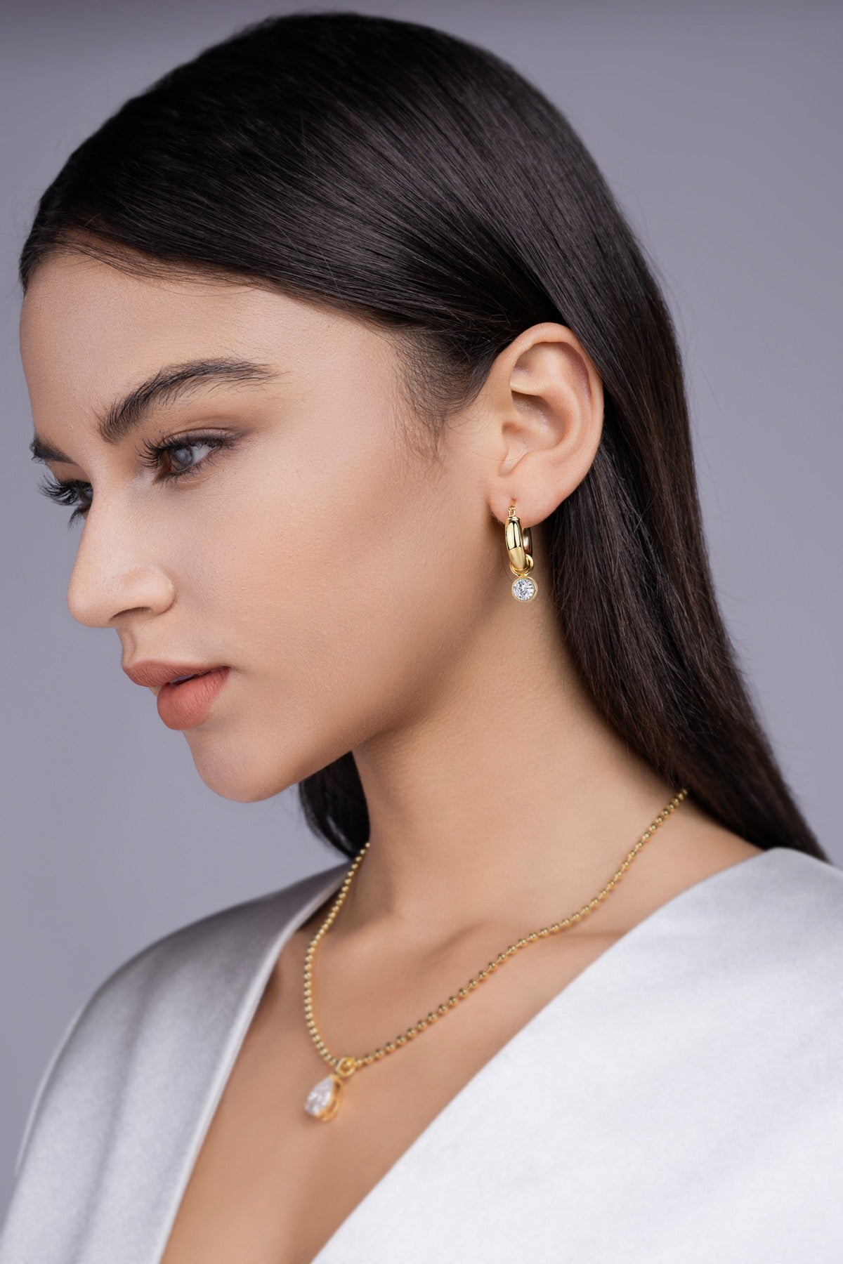 Sfera 1 Carat Moissanite Drop Huggie Hoop Earrings in Gold-Tone Sterling Silver