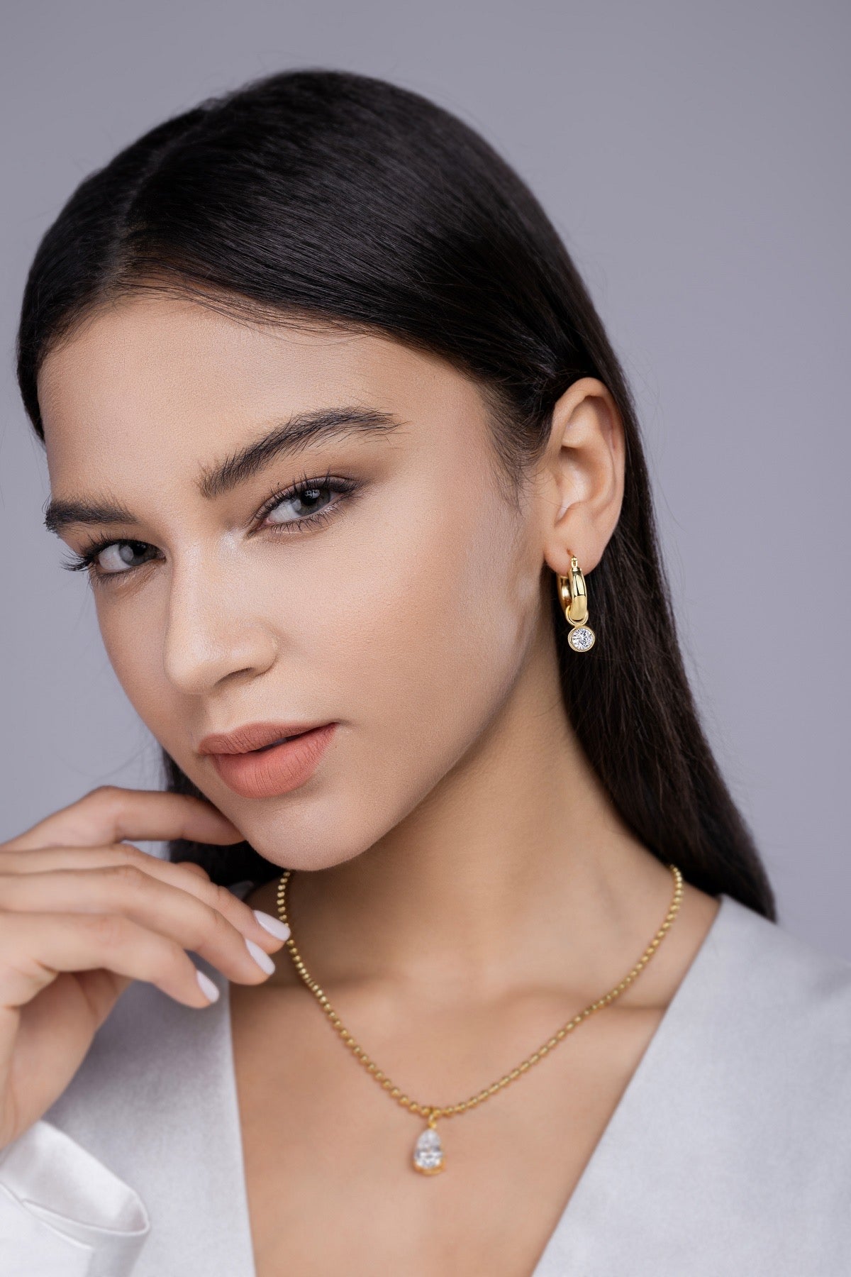 Sfera 1 Carat Moissanite Drop Huggie Hoop Earrings in Gold-Tone Sterling Silver