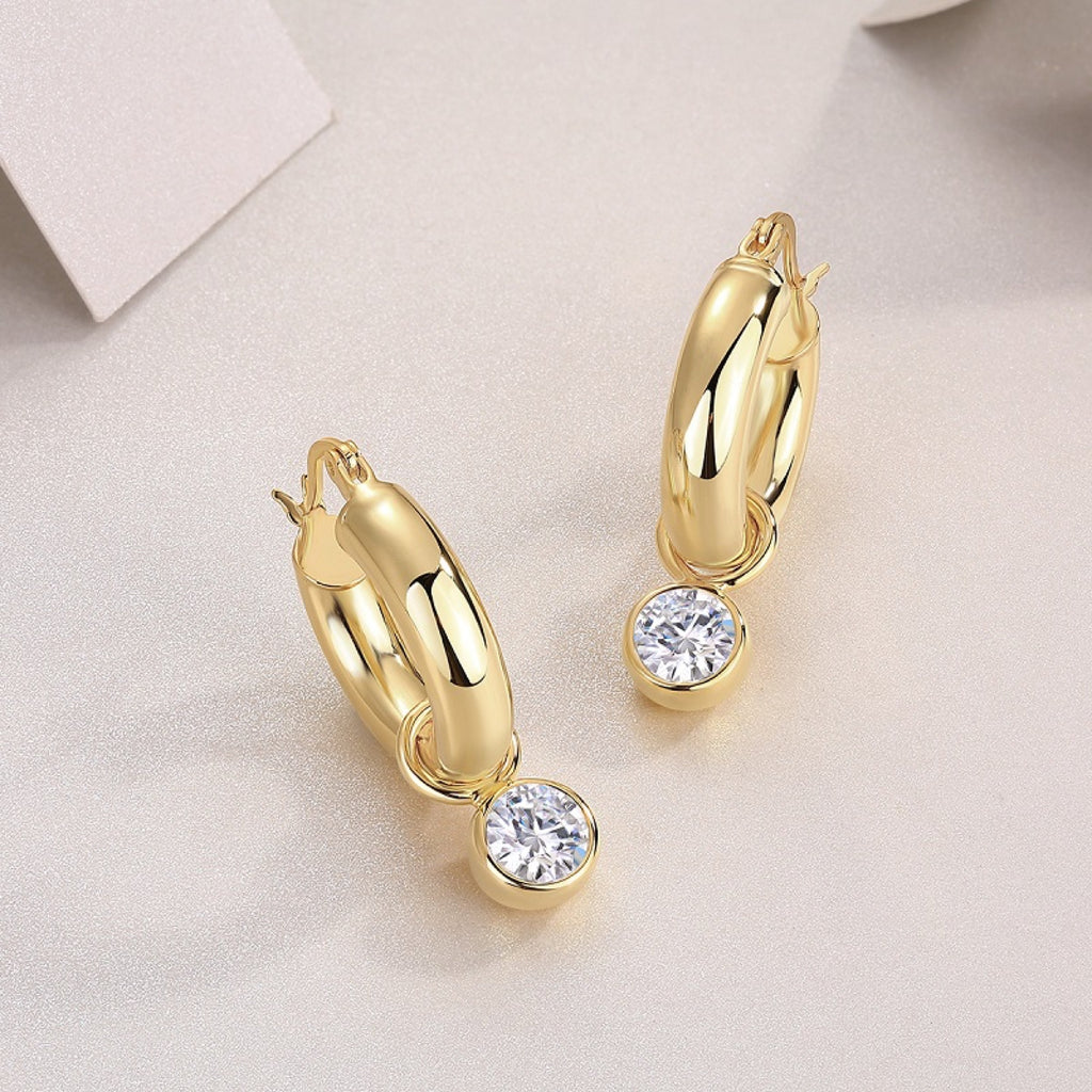 Sfera 1 Carat Moissanite Drop Huggie Hoop Earrings in Gold-Tone Sterling Silver