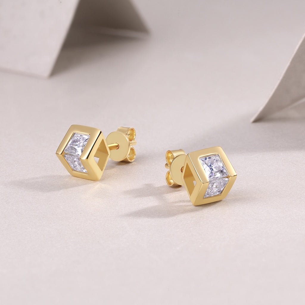 Rombo Moissanite Stud Earrings in Gold-Tone Sterling Silver