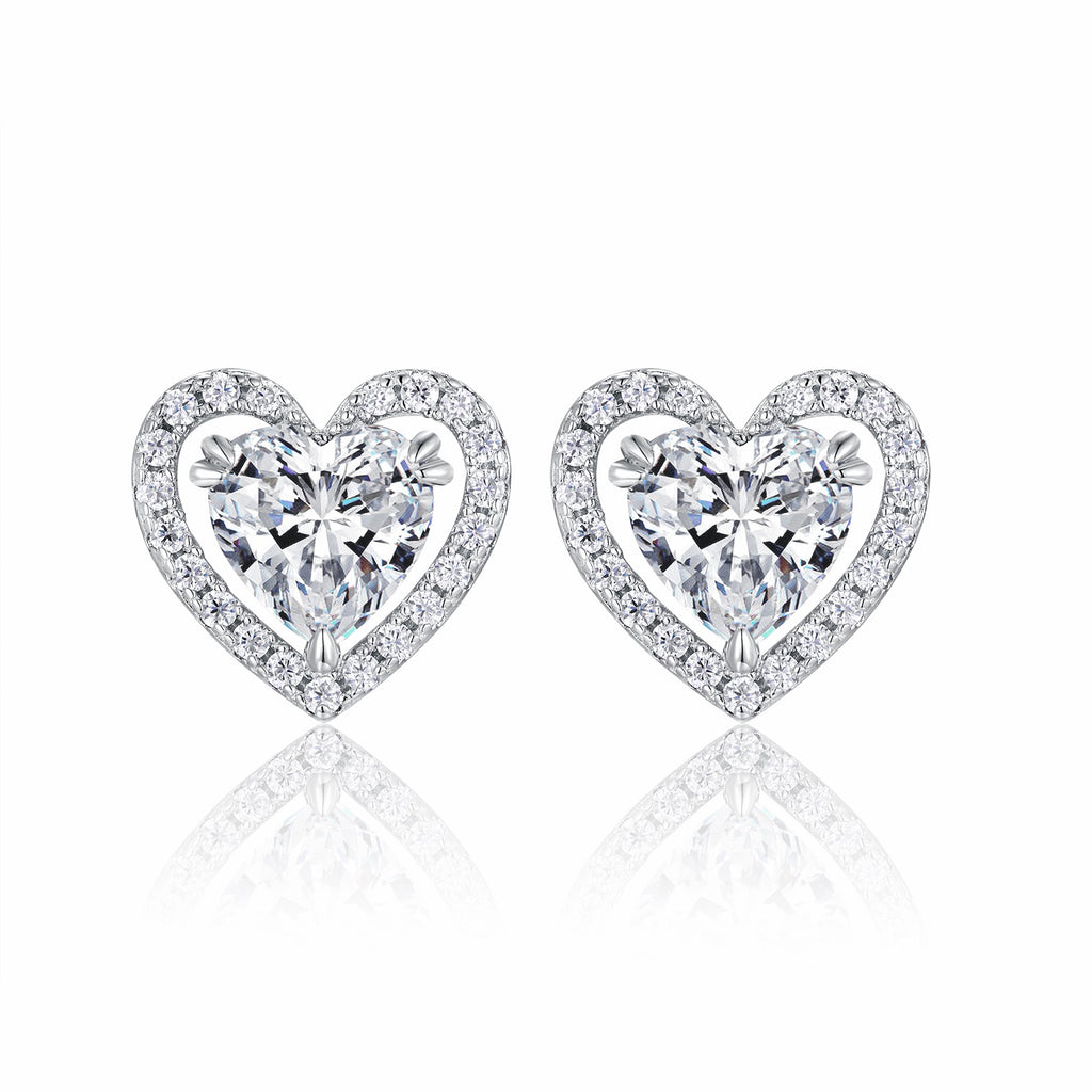 Amorina Moissanite Heart Halo Stud Earrings in Sterling Silver