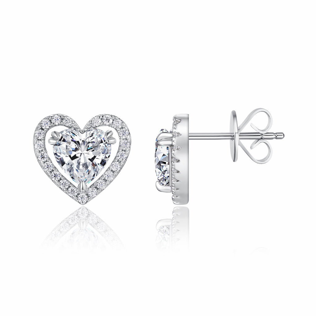 Amorina Moissanite Heart Halo Stud Earrings in Sterling Silver