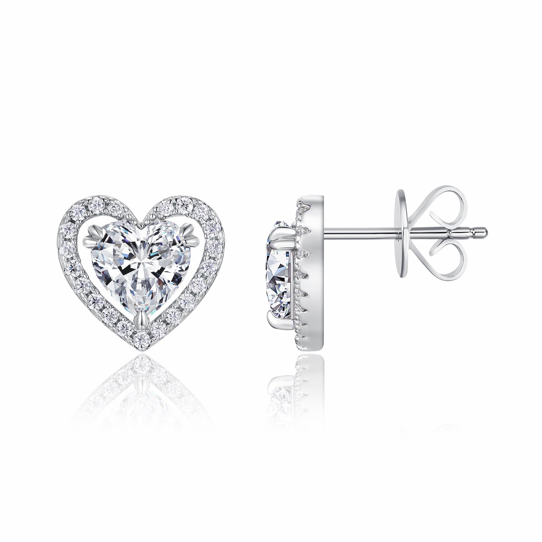 Amorina Moissanite Heart Halo Stud Earrings in Sterling Silver