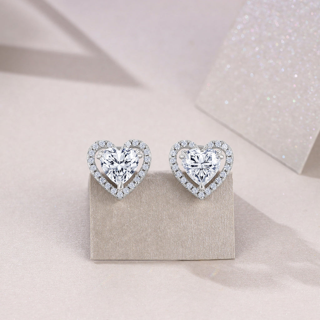 Amorina Moissanite Heart Halo Stud Earrings in Sterling Silver