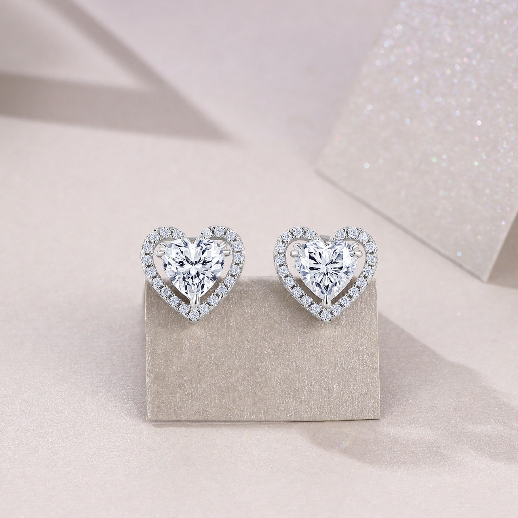 Amorina Moissanite Heart Halo Stud Earrings in Sterling Silver