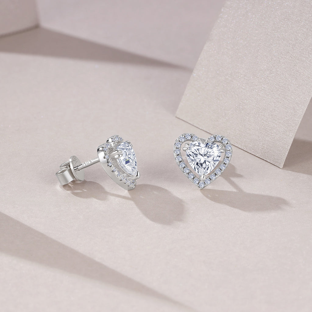 Amorina Moissanite Heart Halo Stud Earrings in Sterling Silver