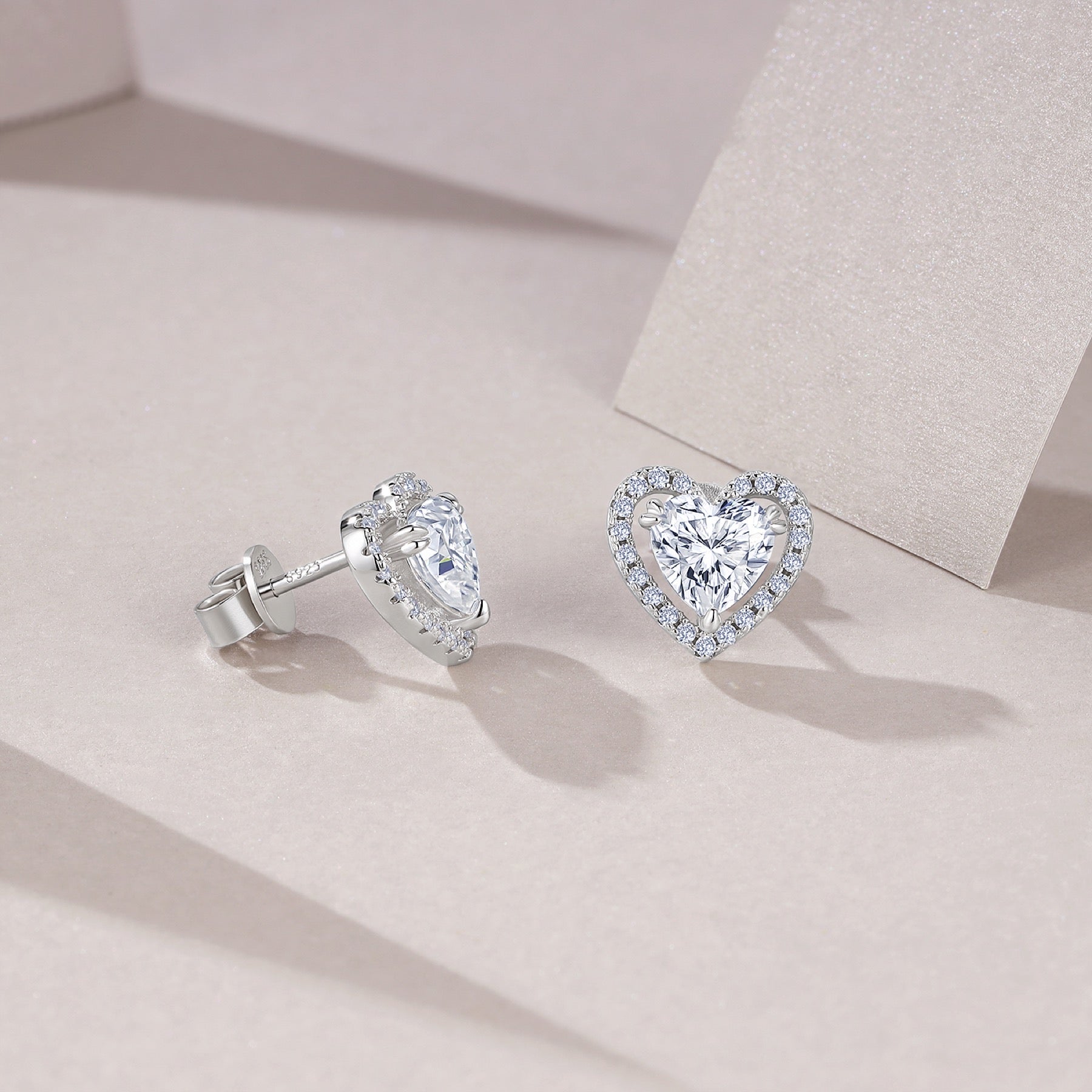 Amorina Moissanite Heart Halo Stud Earrings in Sterling Silver