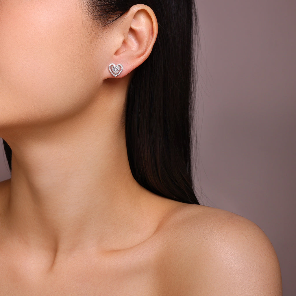 Amorina Moissanite Heart Halo Stud Earrings in Sterling Silver