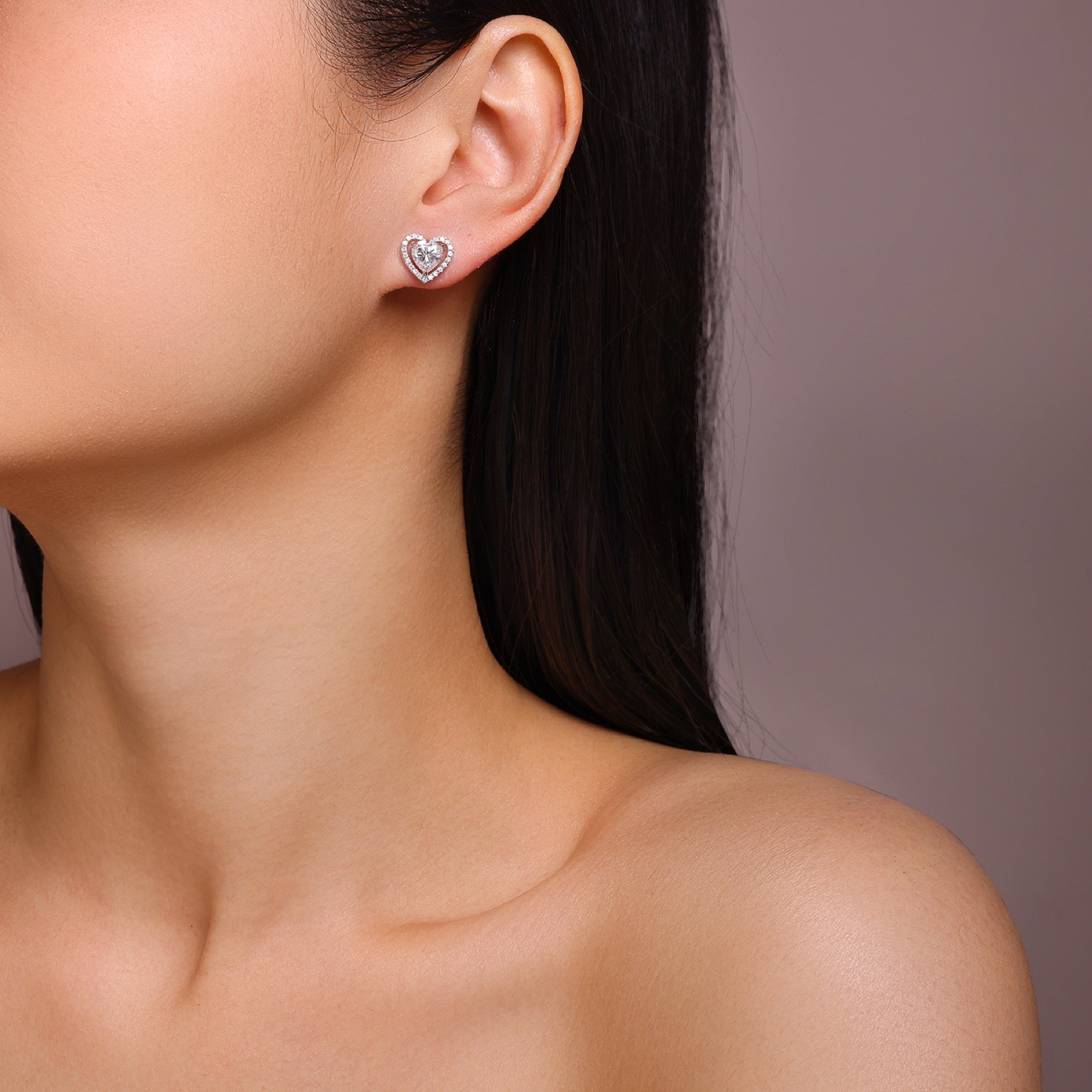 Amorina Moissanite Heart Halo Stud Earrings in Sterling Silver