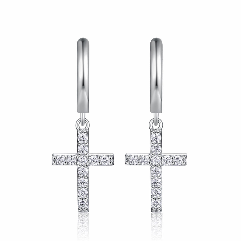 Crocetta Moissanite Cross Drop Earrings in Sterling Silver