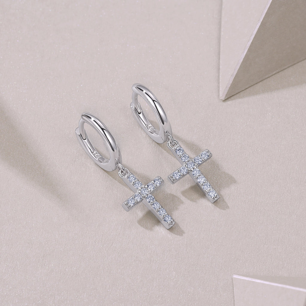 Crocetta Moissanite Cross Drop Earrings in Sterling Silver