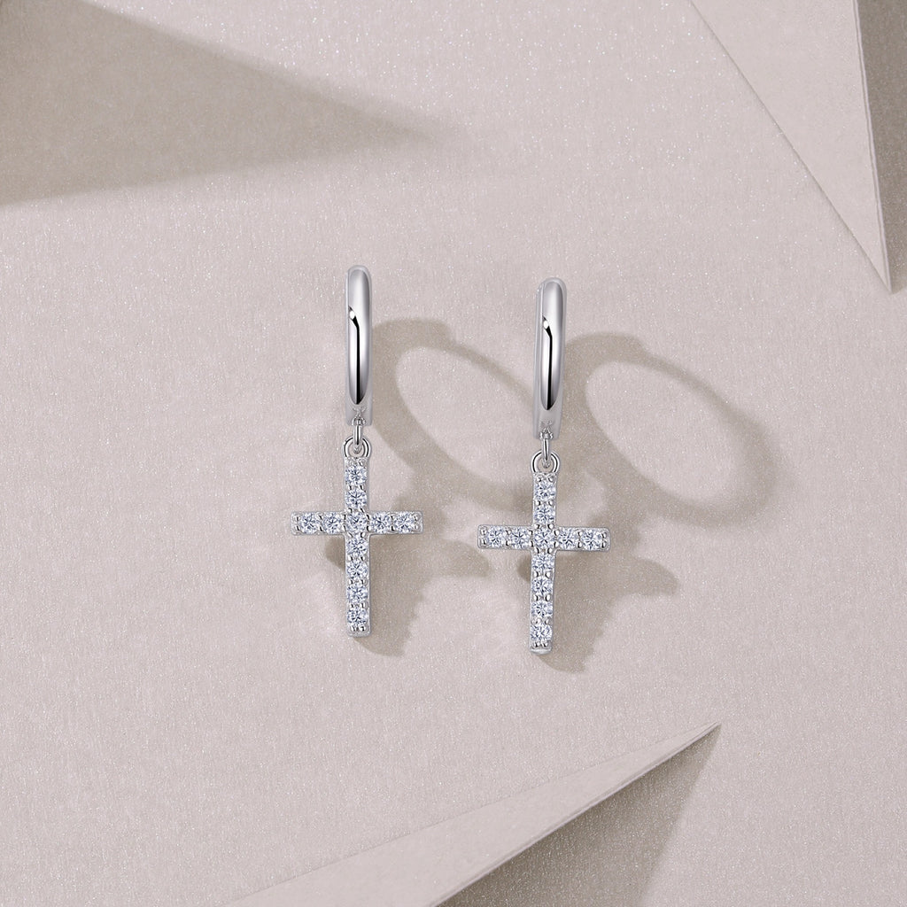 Crocetta Moissanite Cross Drop Earrings in Sterling Silver