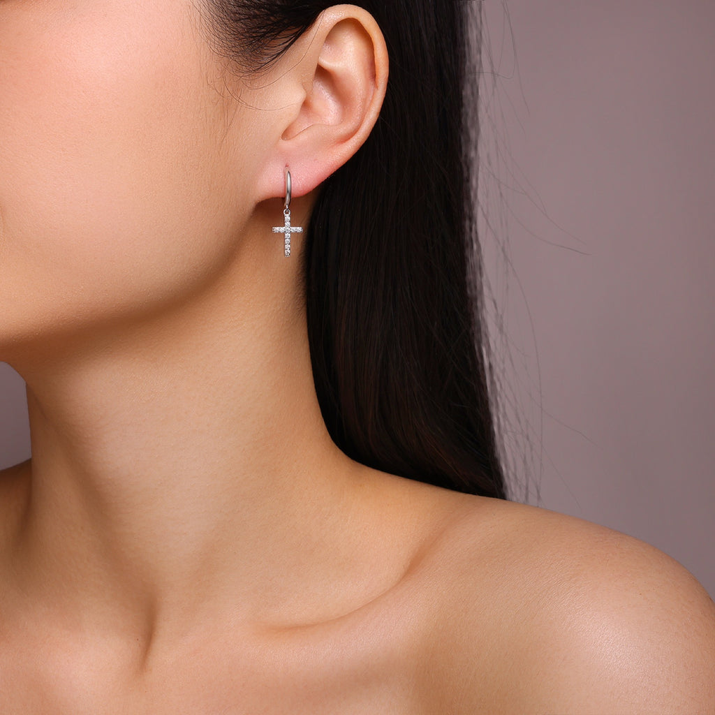 Crocetta Moissanite Cross Drop Earrings in Sterling Silver