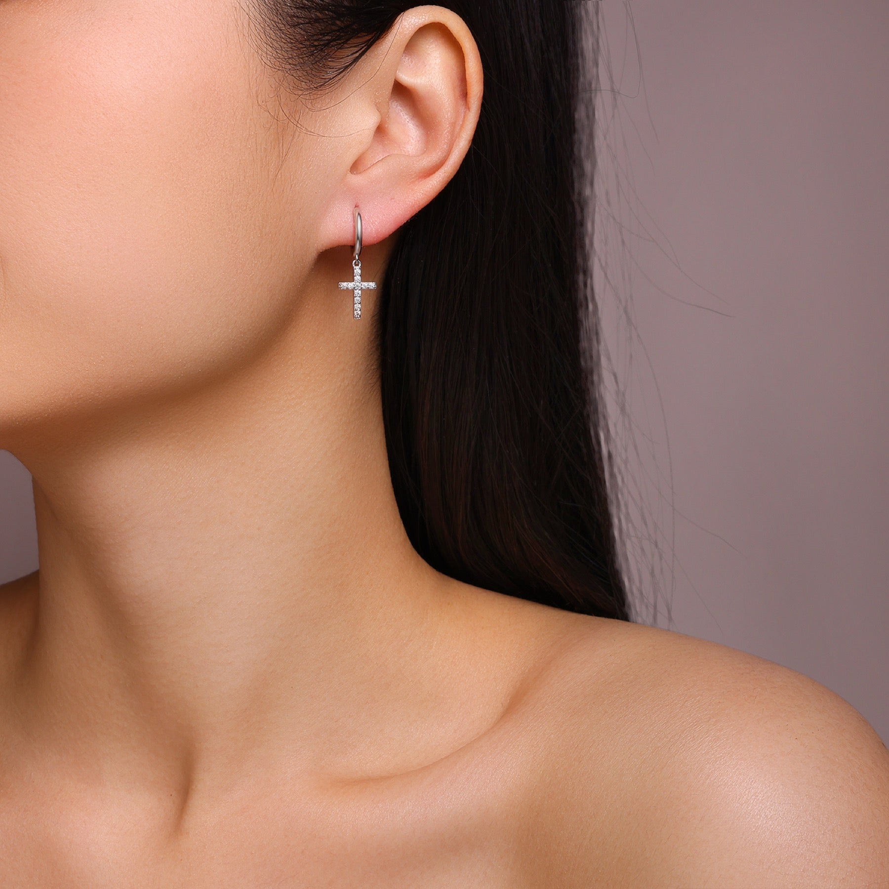 Crocetta Moissanite Cross Drop Earrings in Sterling Silver