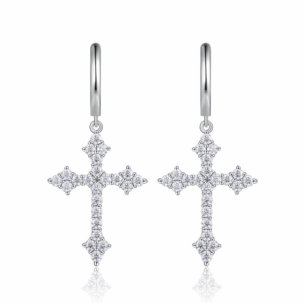 Reliqua Moissanite Cross Drop Earrings in Sterling Silver