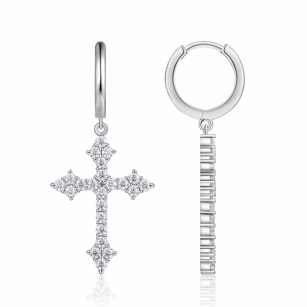 Reliqua Moissanite Cross Drop Earrings in Sterling Silver
