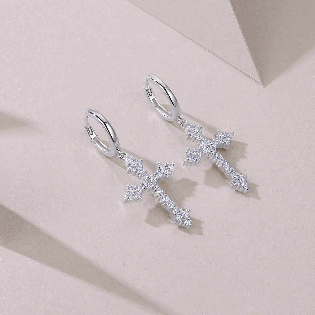 Reliqua Moissanite Cross Drop Earrings in Sterling Silver