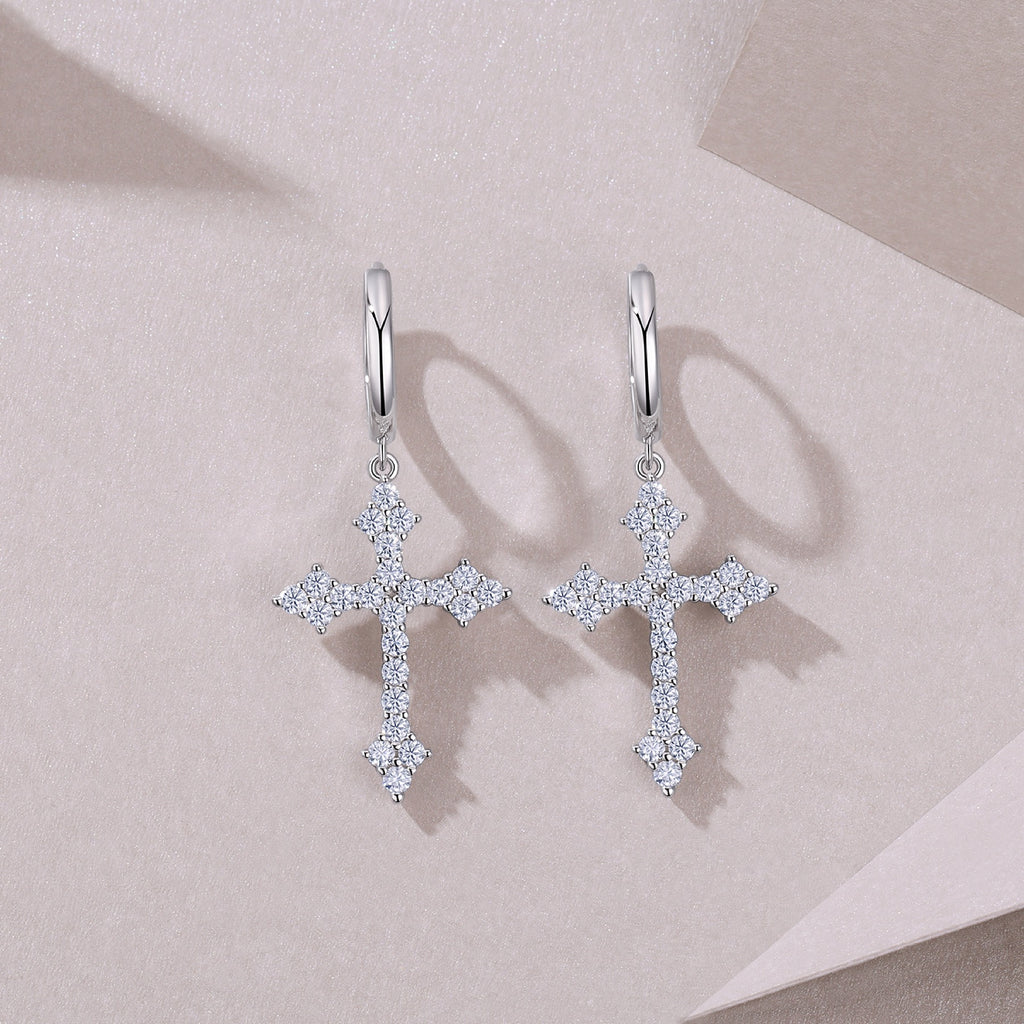 Reliqua Moissanite Cross Drop Earrings in Sterling Silver