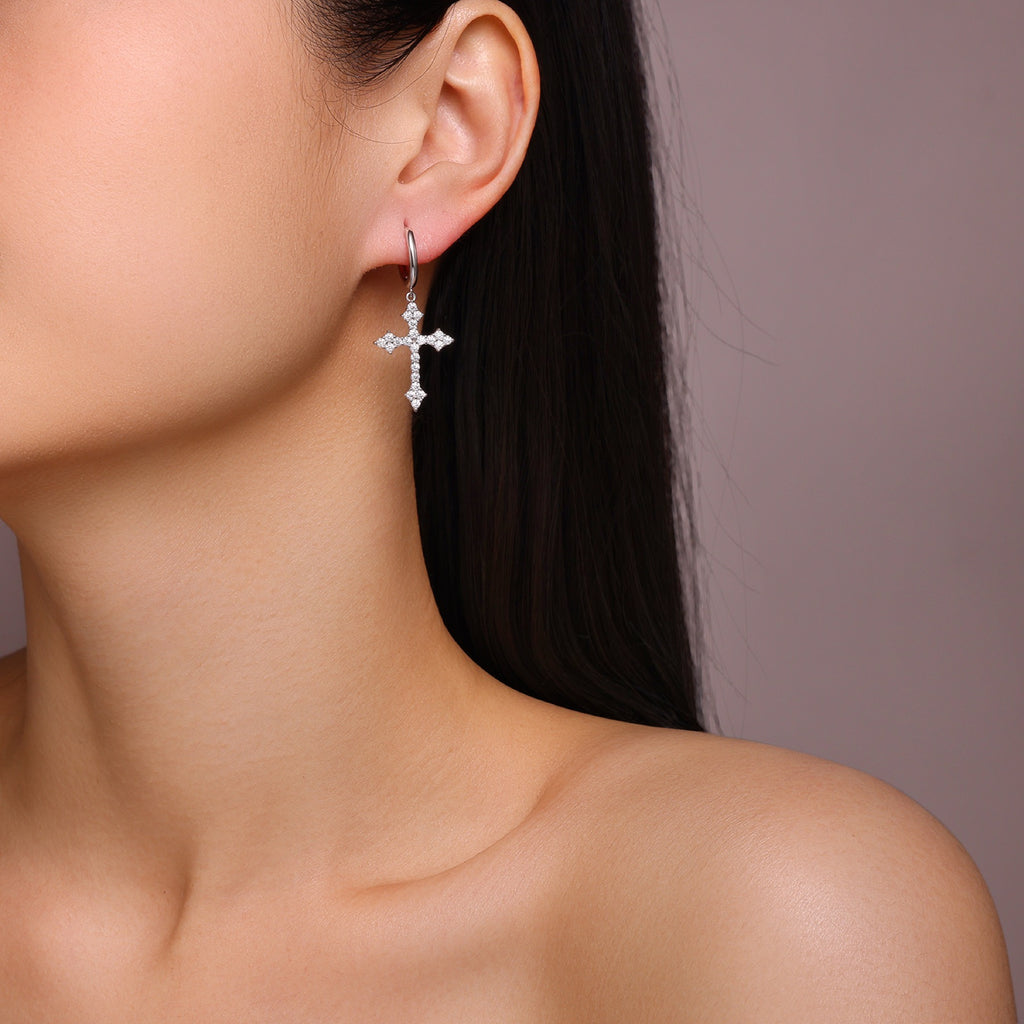 Reliqua Moissanite Cross Drop Earrings in Sterling Silver