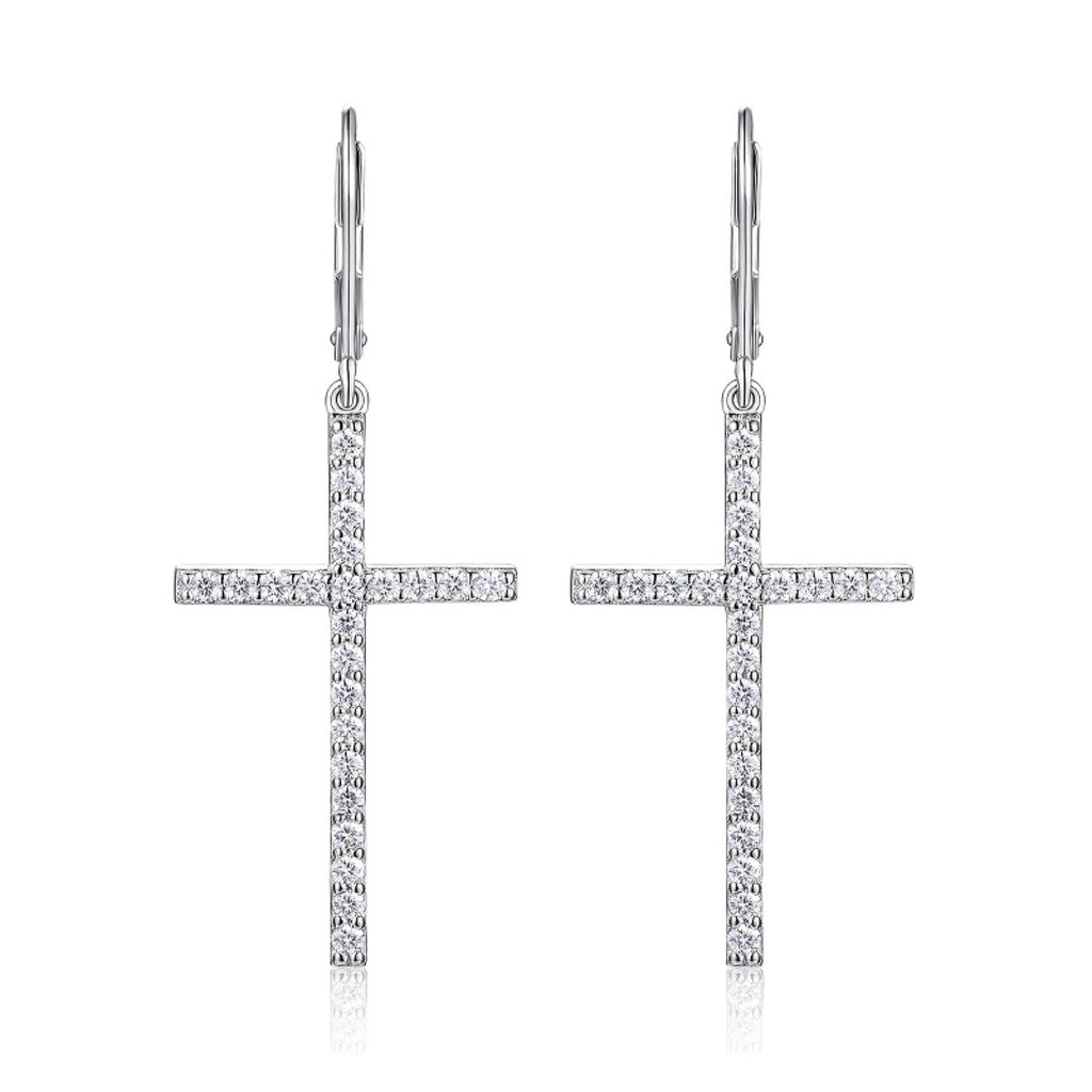 Arcanum Moissanite Cross Drop Earrings in Sterling Silver