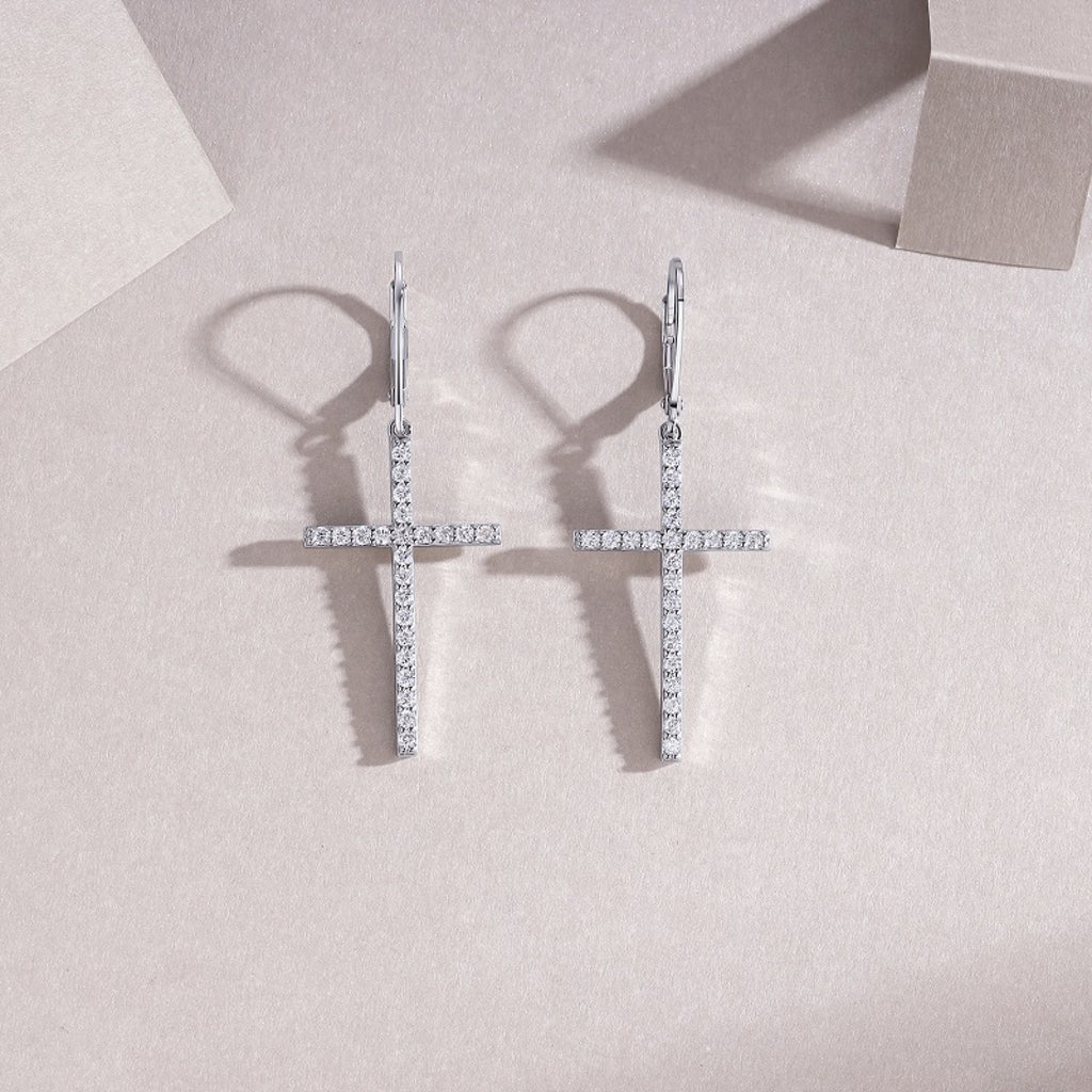 Arcanum Moissanite Cross Drop Earrings in Sterling Silver