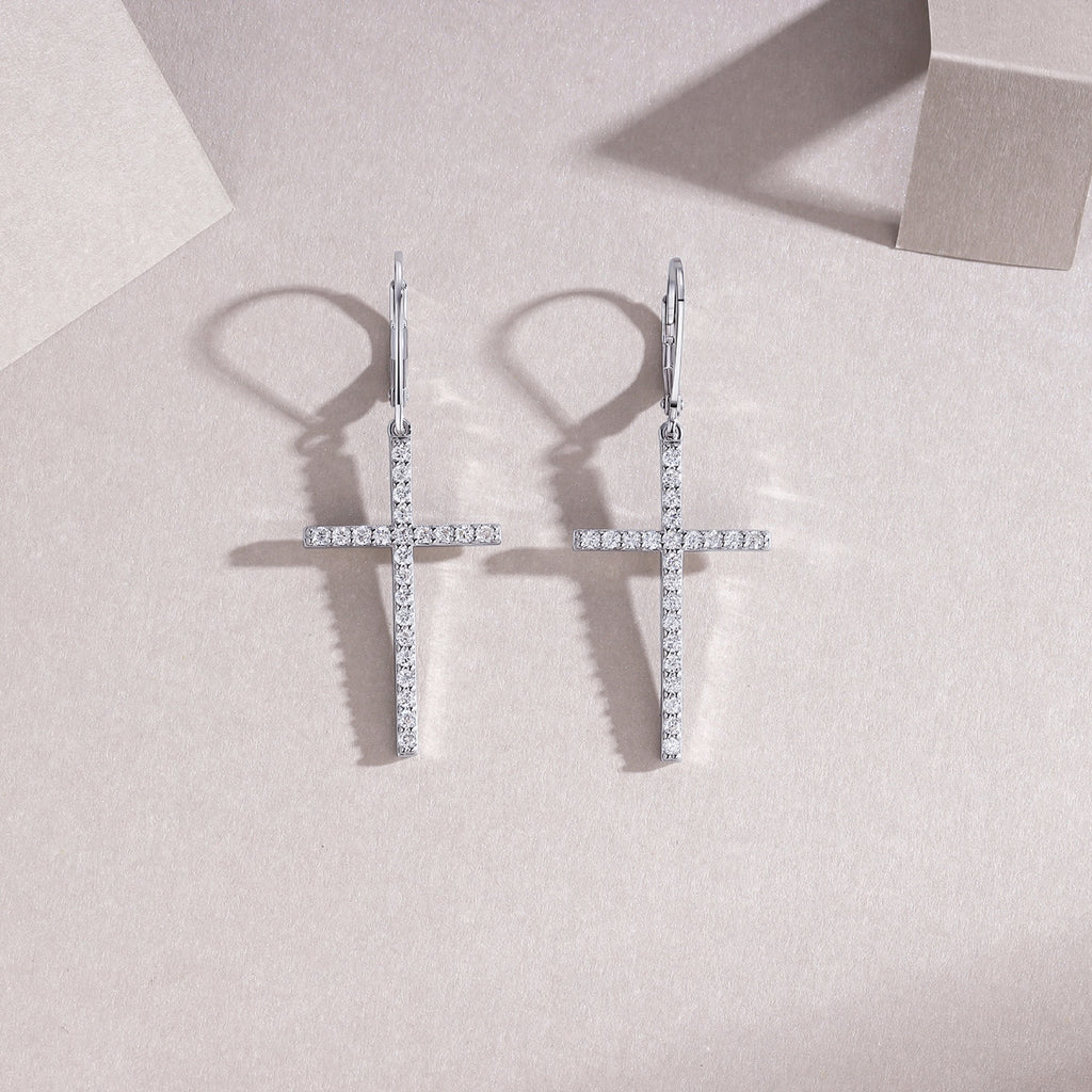 Arcanum Moissanite Cross Drop Earrings in Sterling Silver