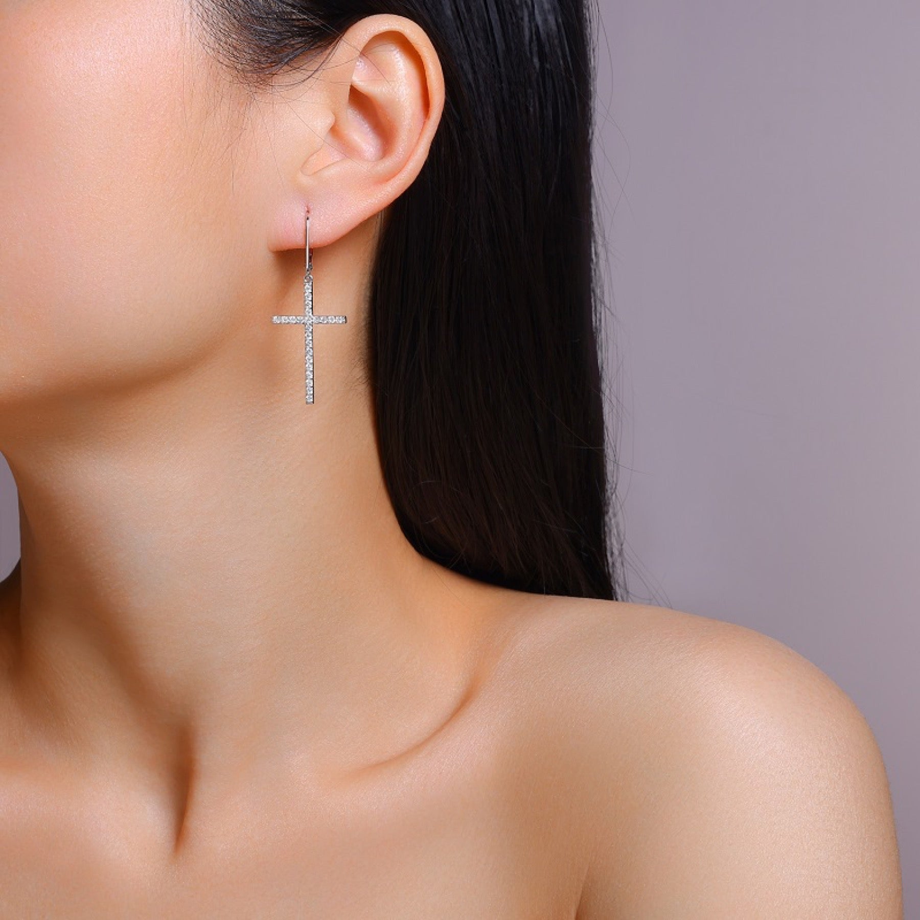 Arcanum Moissanite Cross Drop Earrings in Sterling Silver