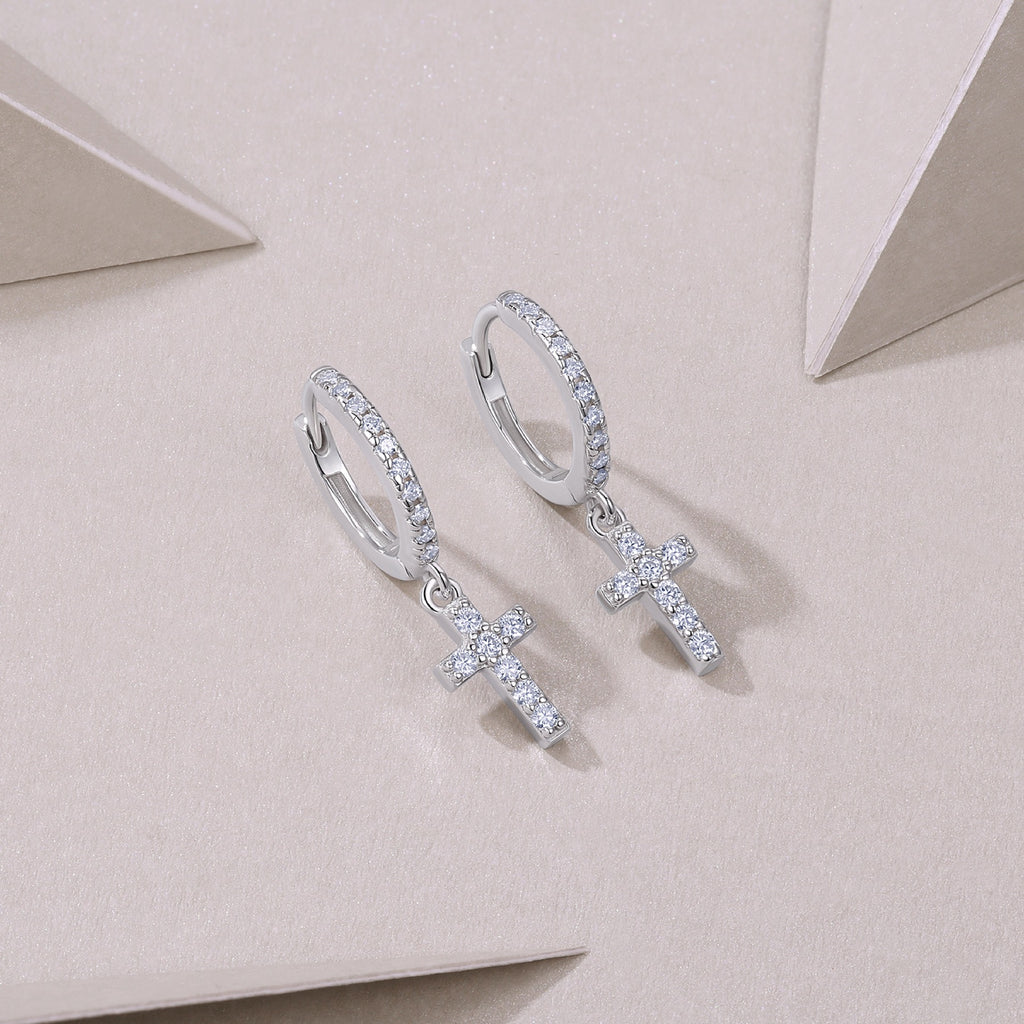 Pieta Moissanite Cross Drop Earrings in Sterling Silver