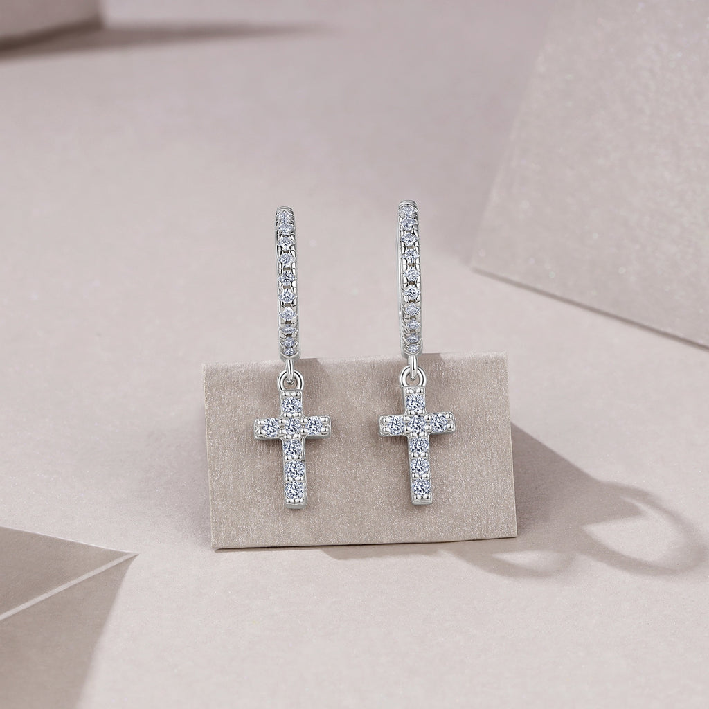 Pieta Moissanite Cross Drop Earrings in Sterling Silver