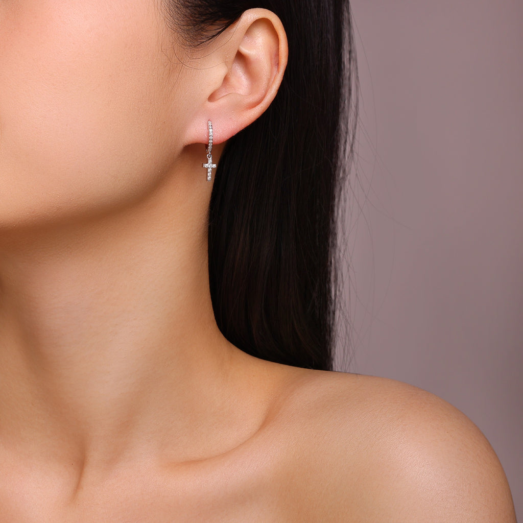 Pieta Moissanite Cross Drop Earrings in Sterling Silver