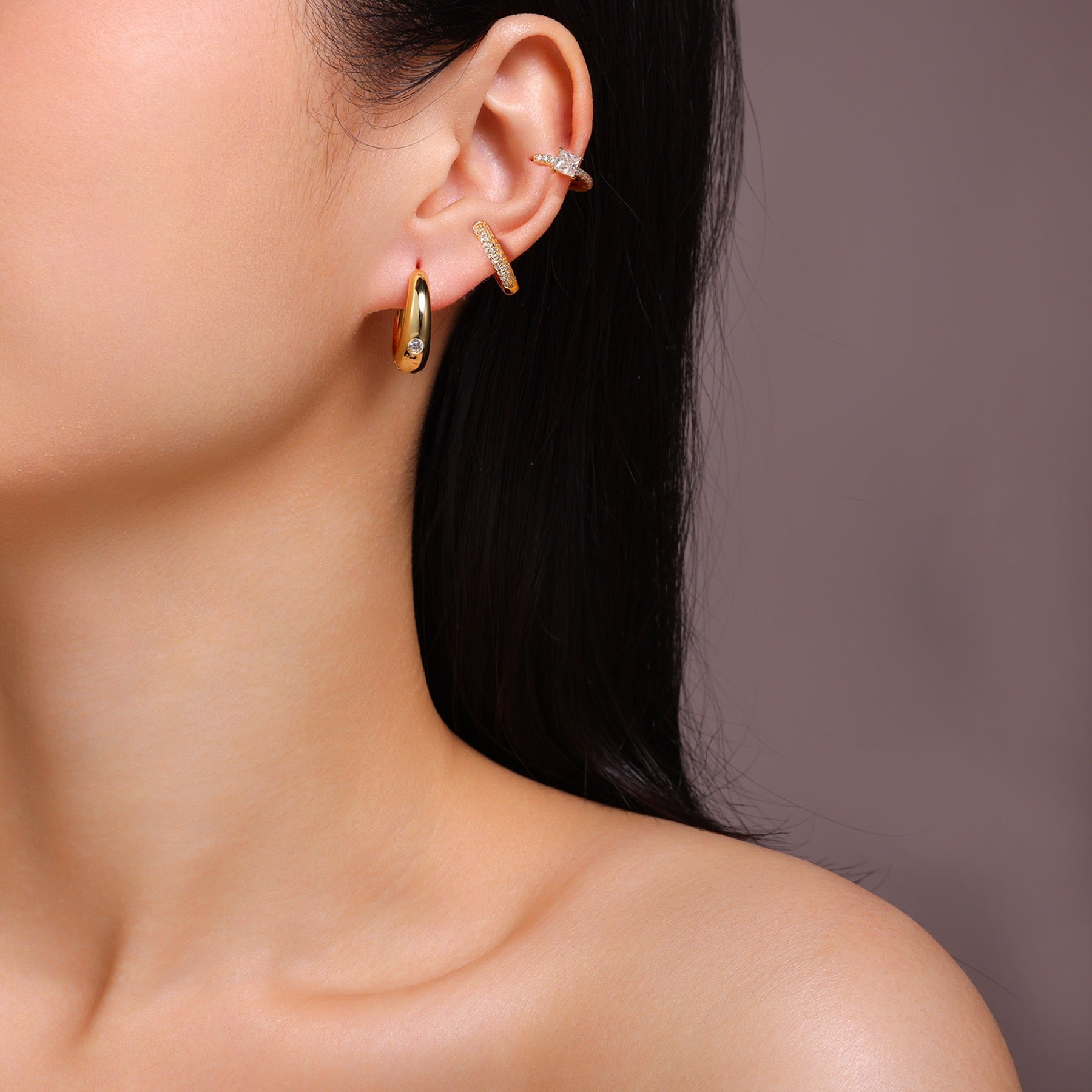 Terzetto Moissanite Huggie Hoop Set Earrings in Gold-Tone Sterling Silver