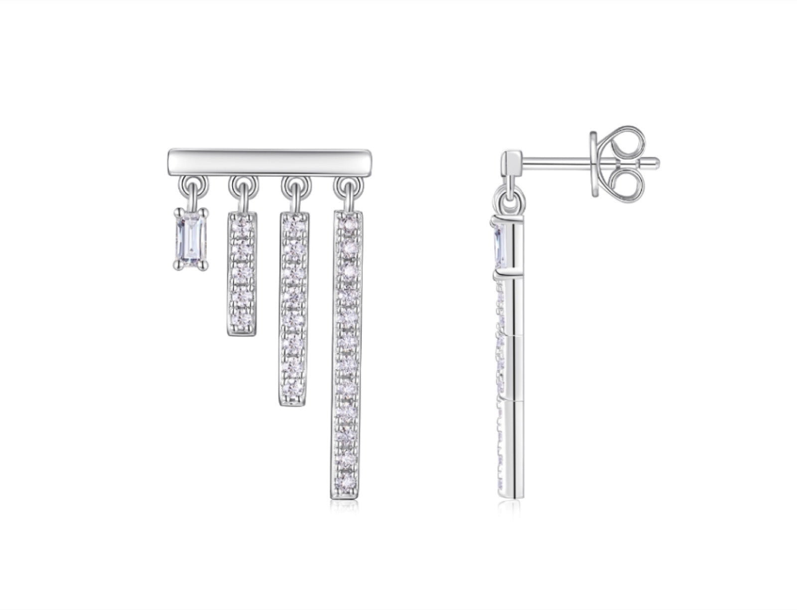 Cascata Moissanite Baguette Fringe Drop Earrings in Sterling Silver