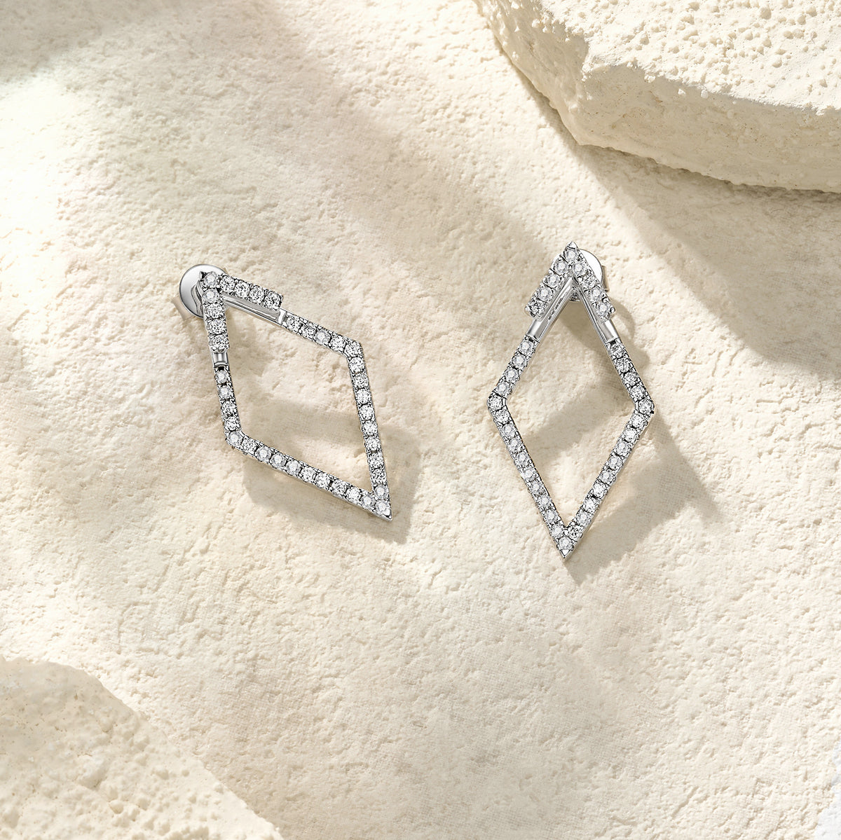 Aquilone Moissanite Rhombus Hoop Earrings in Sterling Silver, styled product photo