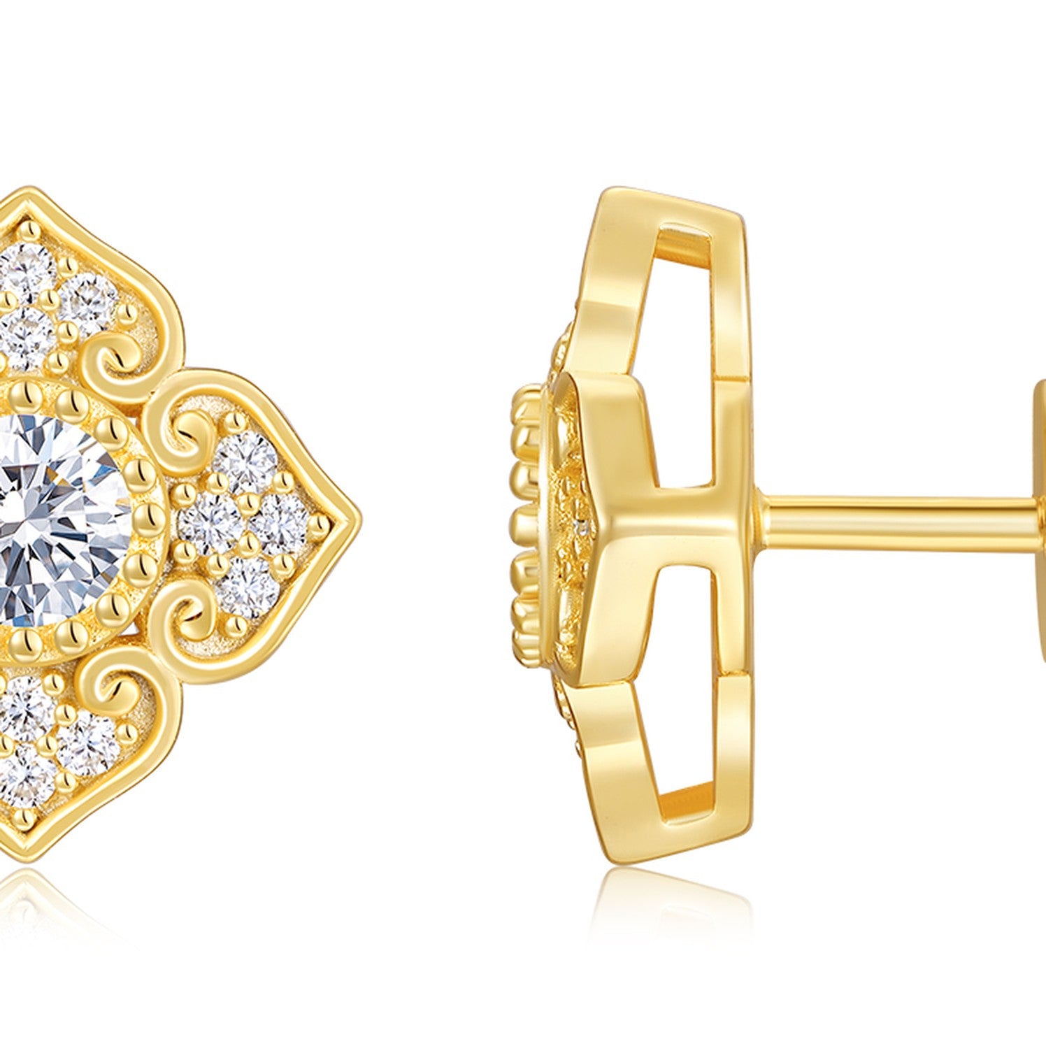 Fiorella Moissanite Flower Stud Earrings in Gold-Tone Sterling Silver — detail