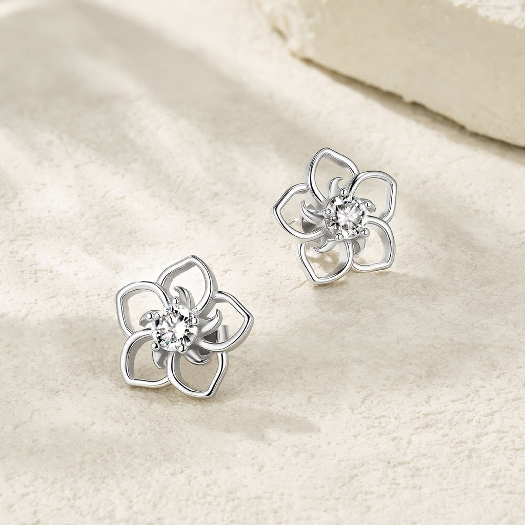 Plumeria Moissanite Flower Stud Earrings in Sterling Silver