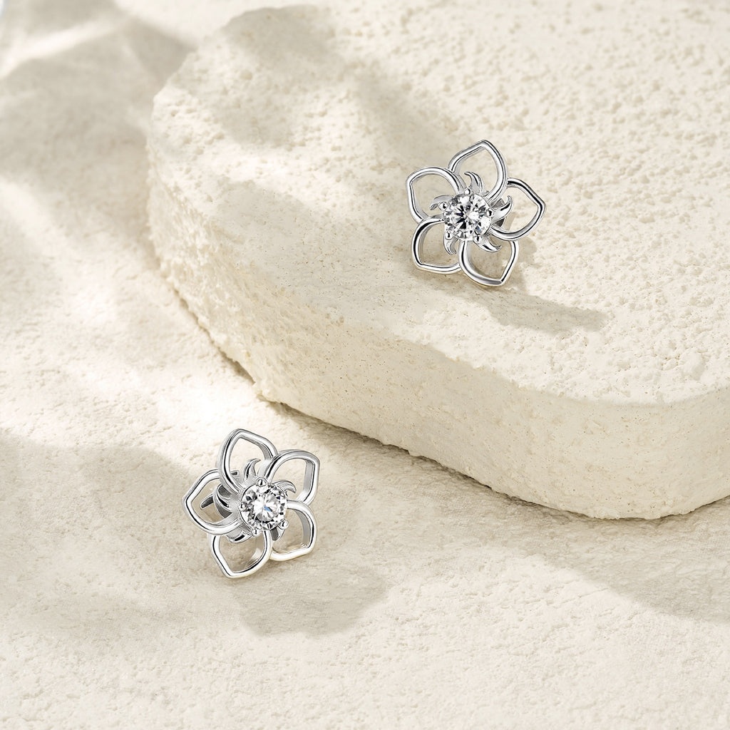 Plumeria Moissanite Flower Stud Earrings in Sterling Silver