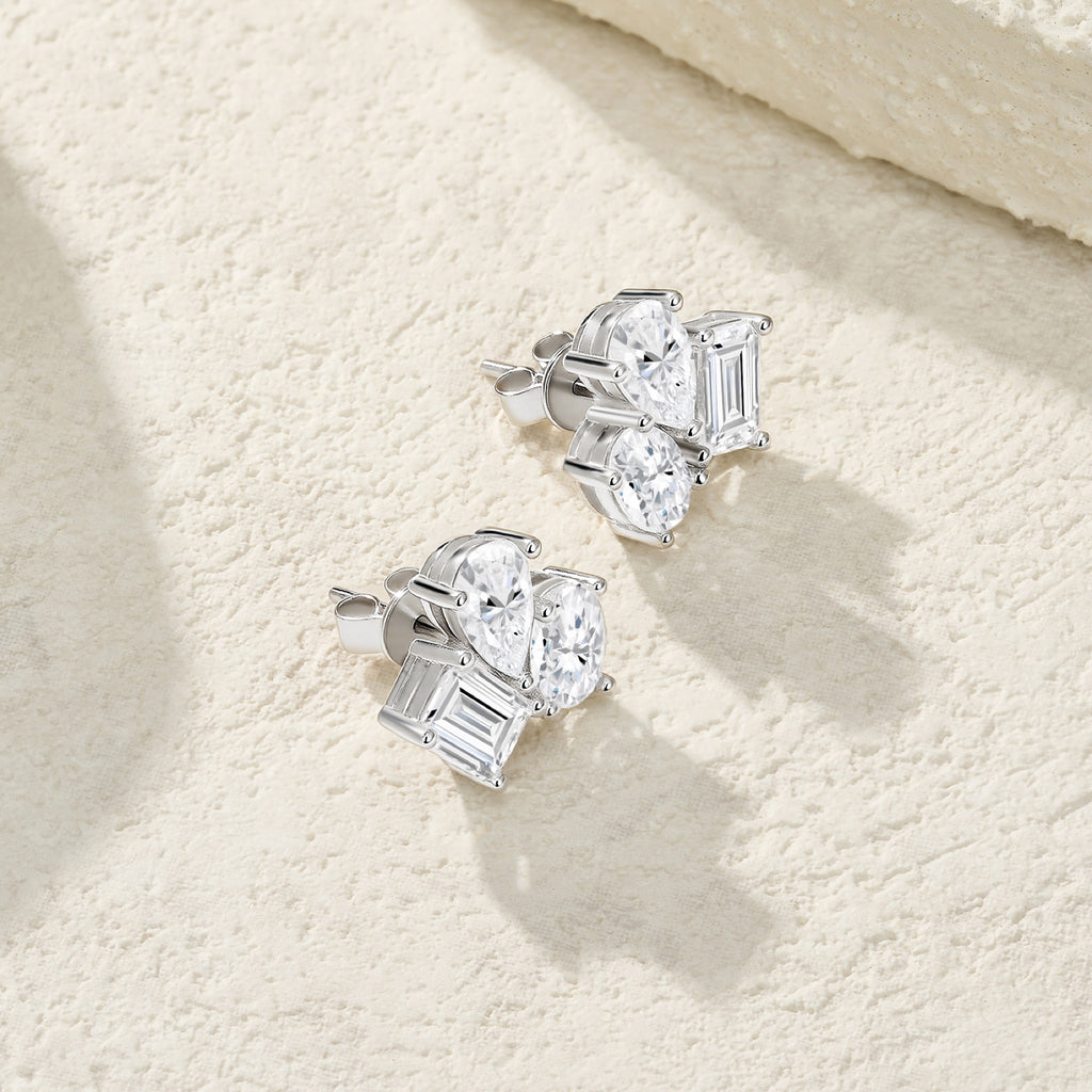 Melange Moissanite Cluster Stud Earrings in Sterling Silver