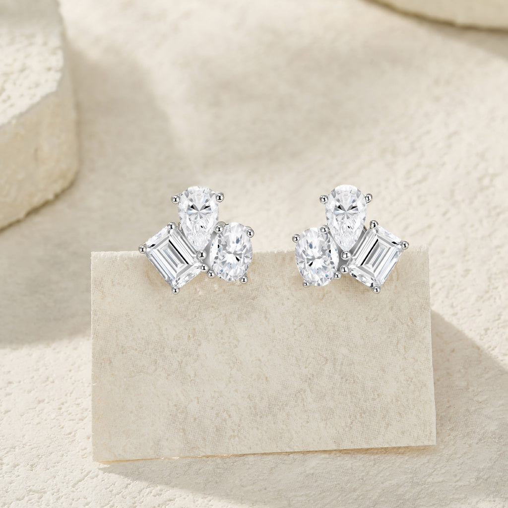 Melange Moissanite Cluster Stud Earrings in Sterling Silver